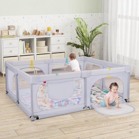 Northix  Baby Laufstall mit Matratze & 50 Spielbällen & 4 Zugringen & 4 Reißverschlusstür Hellgrau 