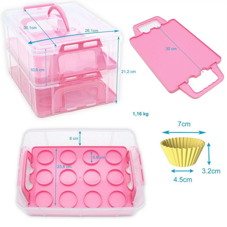 Intirilife  Back-Set: 2-Etagen Kuchenbox Cupcake Transportbehälter, 24 Bunte Muffin Silikonformen & Spritzbeute 