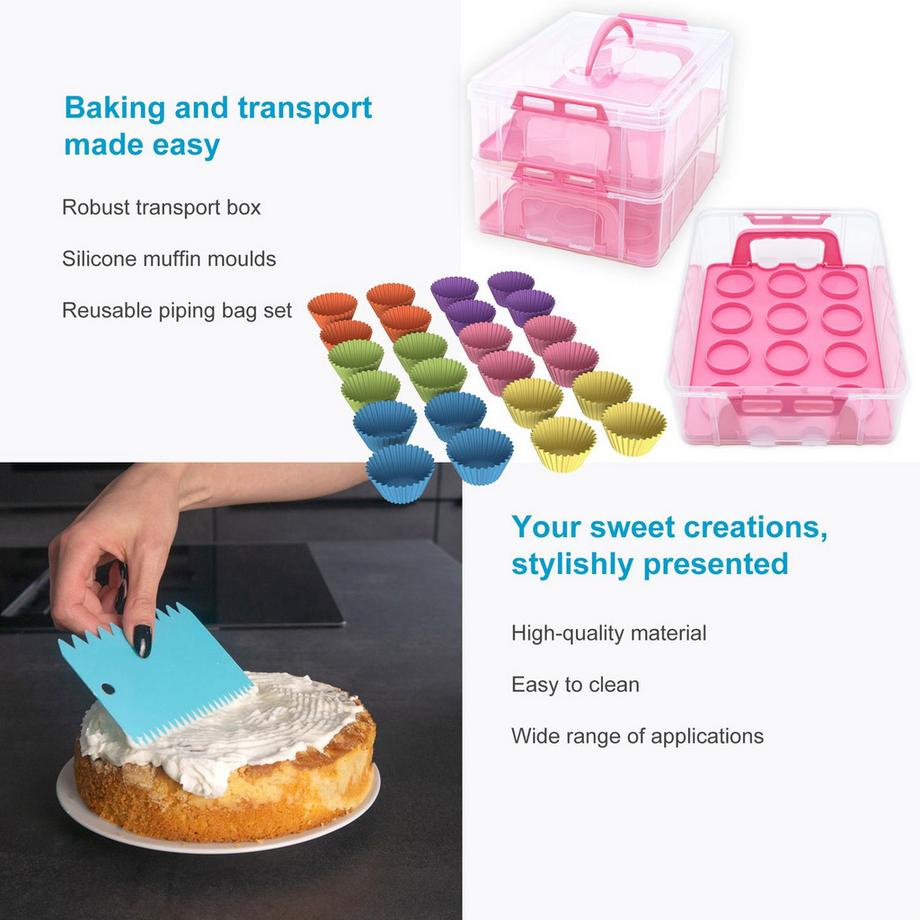 Intirilife  Back-Set: 2-Etagen Kuchenbox Cupcake Transportbehälter, 24 Bunte Muffin Silikonformen & Spritzbeute 