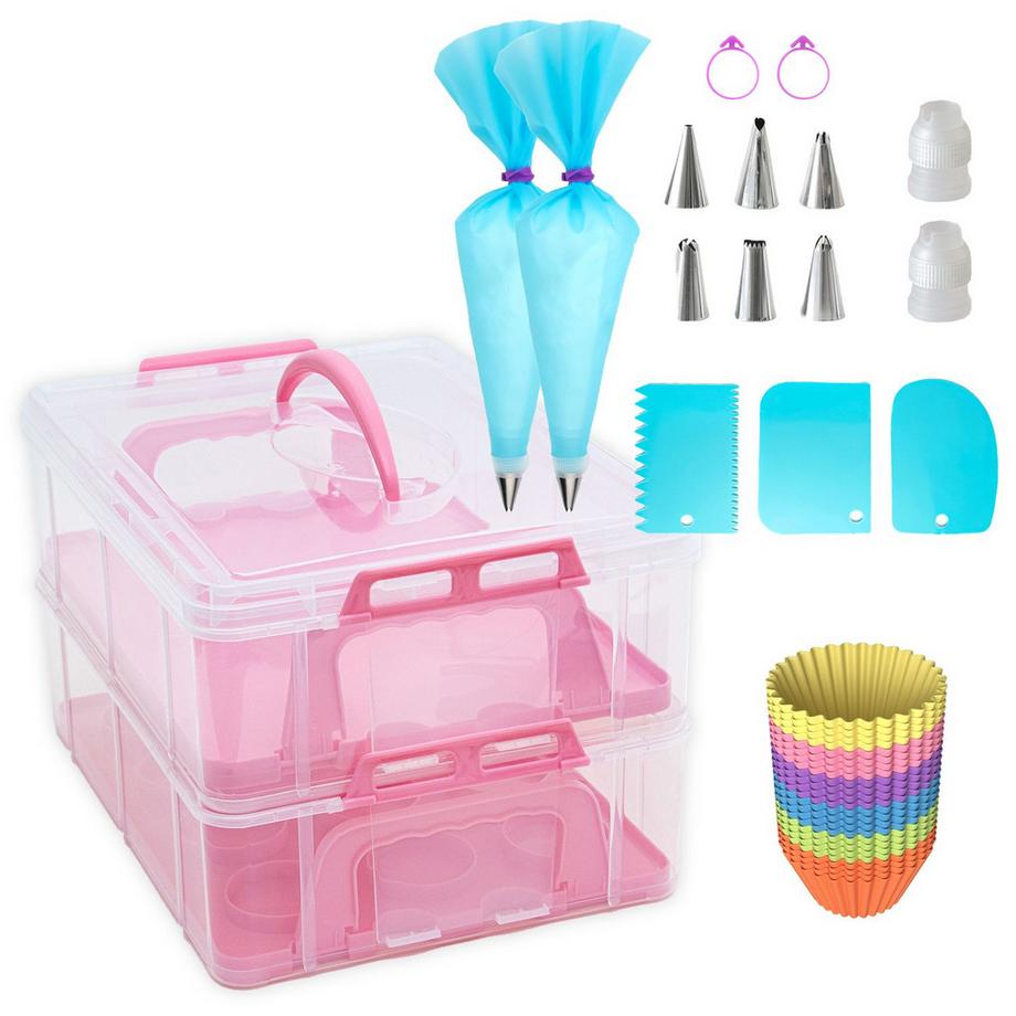 Intirilife  Back-Set: 2-Etagen Kuchenbox Cupcake Transportbehälter, 24 Bunte Muffin Silikonformen & Spritzbeute 