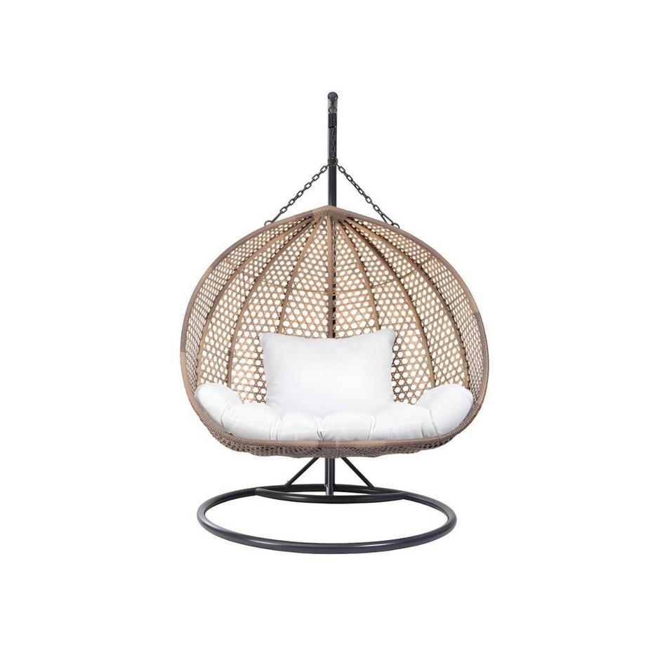 Vente-unique Fauteuil suspendu 2 places  en résine tressée beige et coussin blanc - VAHINA de MYLIA  