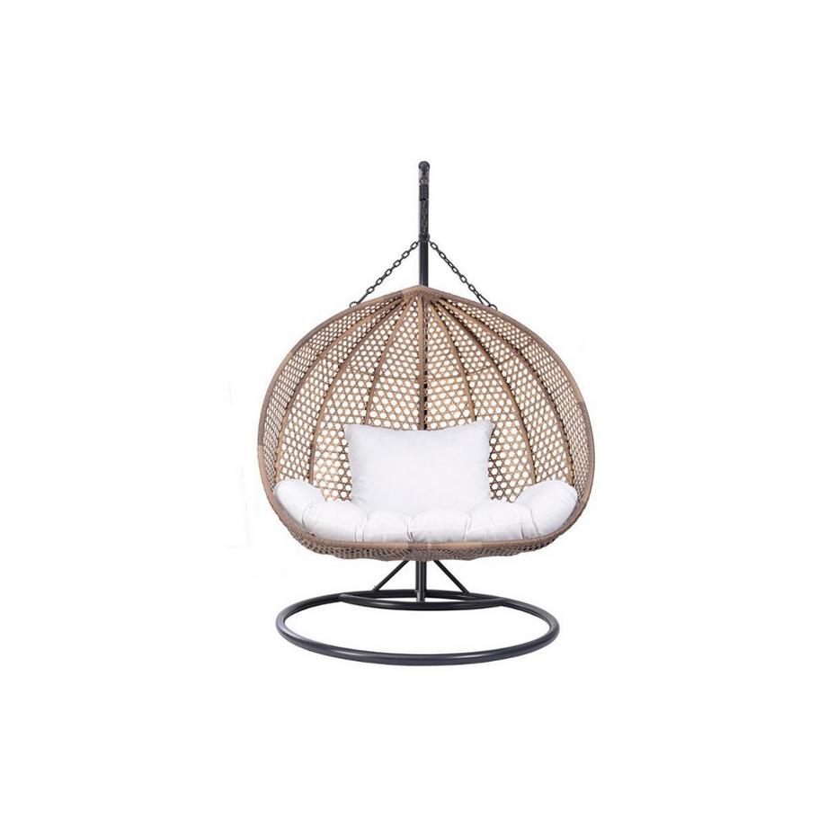 Fauteuil suspendu 2 places  en résine tressée beige et coussin blanc - VAHINA de MYLIA