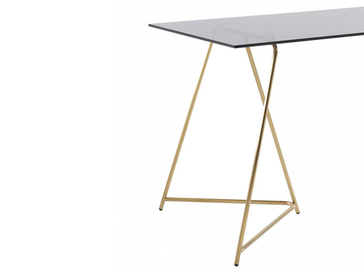 Vente-unique Table à manger 4 personnes en verre trempé et acier inoxydable - Gris et doré - VABOLI  