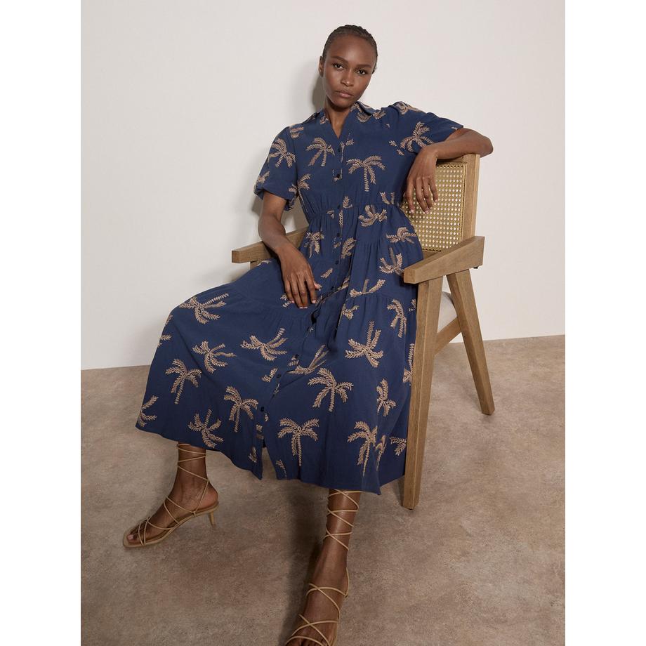 Besticktes Midi-Kleid aus Baumwolle mit Palmen