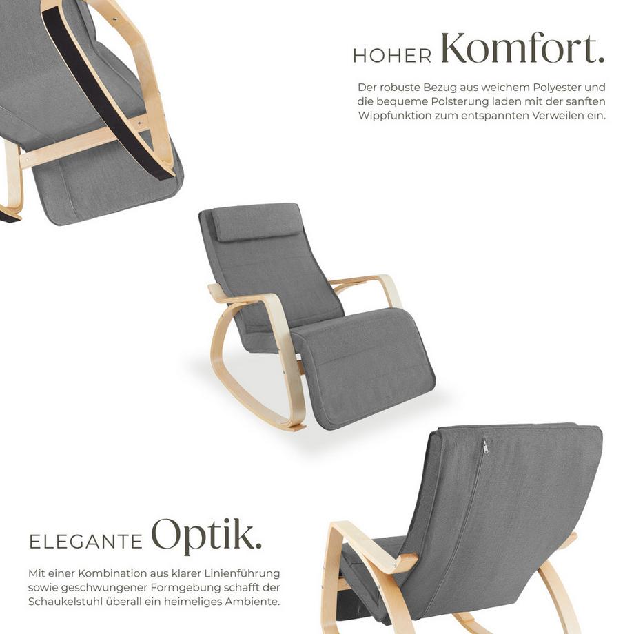 Tectake Schaukelstuhl Onda mit Armlehnen, Gestell aus Birkenholz bequeme Polsterung mit Kopfkissen  