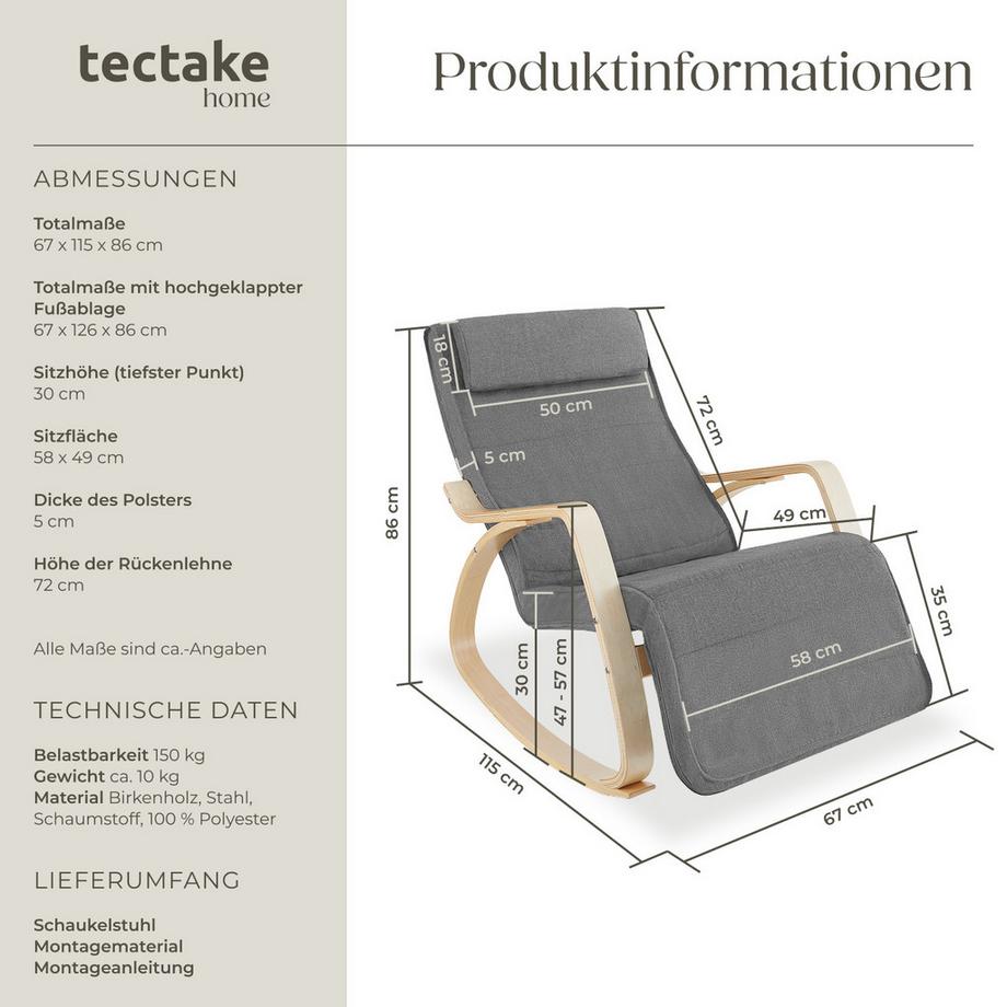 Tectake Schaukelstuhl Onda mit Armlehnen, Gestell aus Birkenholz bequeme Polsterung mit Kopfkissen  