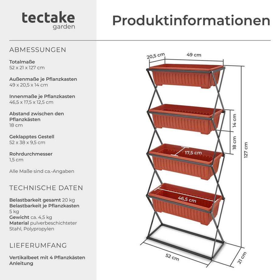 Tectake Jardinière verticale  avec 4 grands bacs à fleurs  