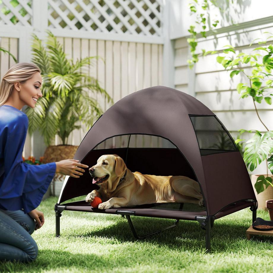 Northio  Chaise longue d'extérieur pour chien avec toit, lit surélevé pour chiens de grande taille, chaise longue rafraîchissante avec cadre en métal lavable et sac de transport, lit pour animal domestique pour camping en plein air 91 x 76 x 90 cm, café | 