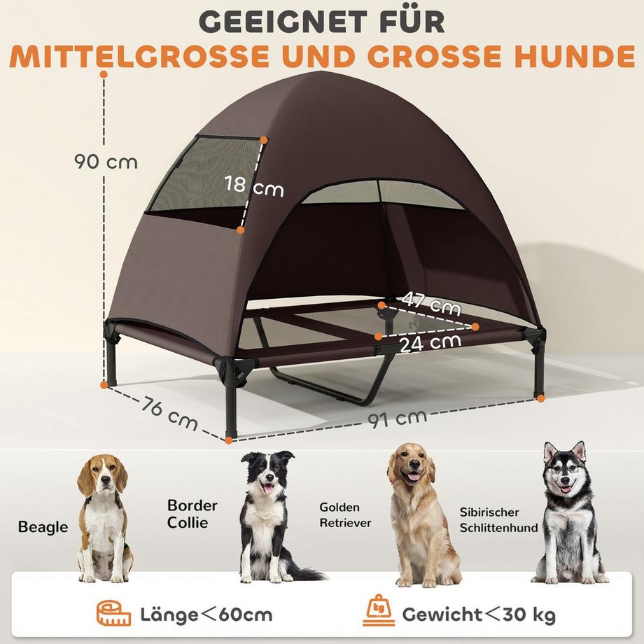 Northio  Chaise longue d'extérieur pour chien avec toit, lit surélevé pour chiens de grande taille, chaise longue rafraîchissante avec cadre en métal lavable et sac de transport, lit pour animal domestique pour camping en plein air 91 x 76 x 90 cm, café | 
