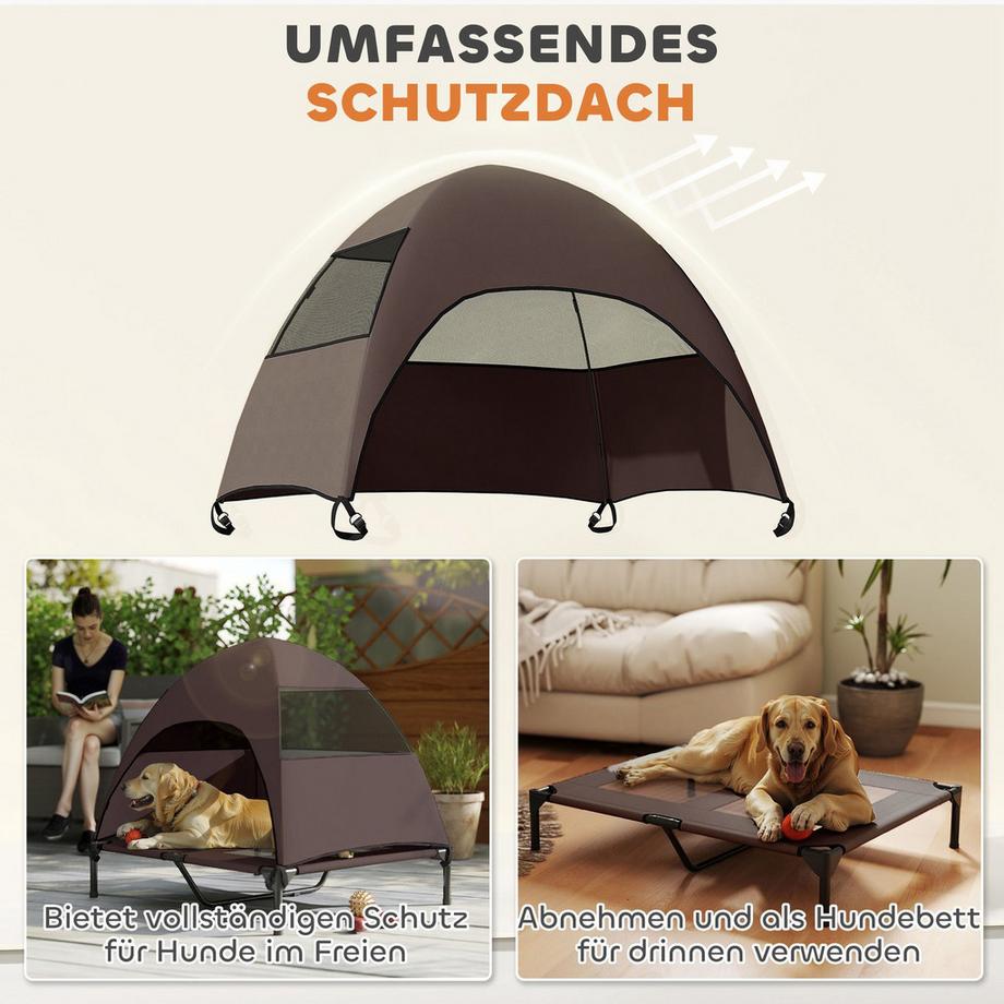 Northio  Chaise longue d'extérieur pour chien avec toit, lit surélevé pour chiens de grande taille, chaise longue rafraîchissante avec cadre en métal lavable et sac de transport, lit pour animal domestique pour camping en plein air 91 x 76 x 90 cm, café | 