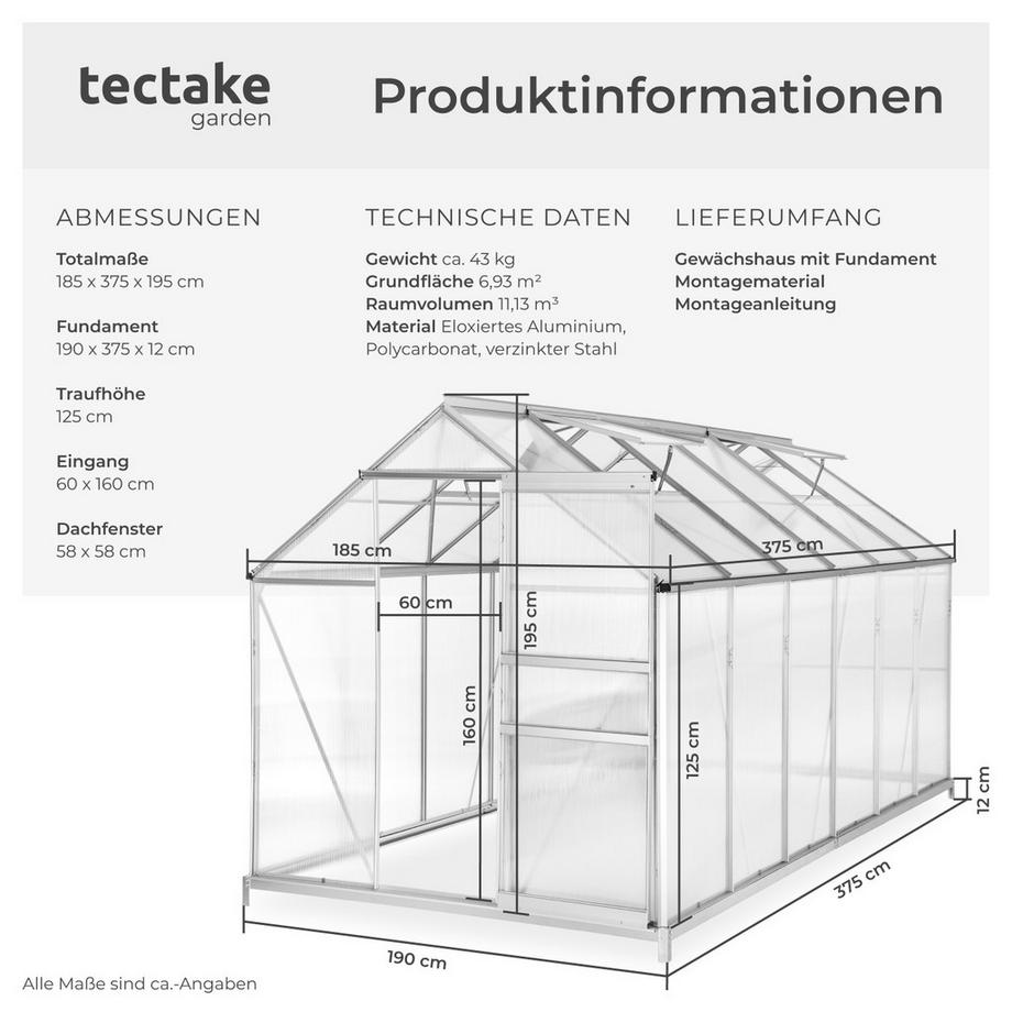 Tectake  Gewächshaus mit Fundament  11,13 m³ Aluminiumrahmen 
