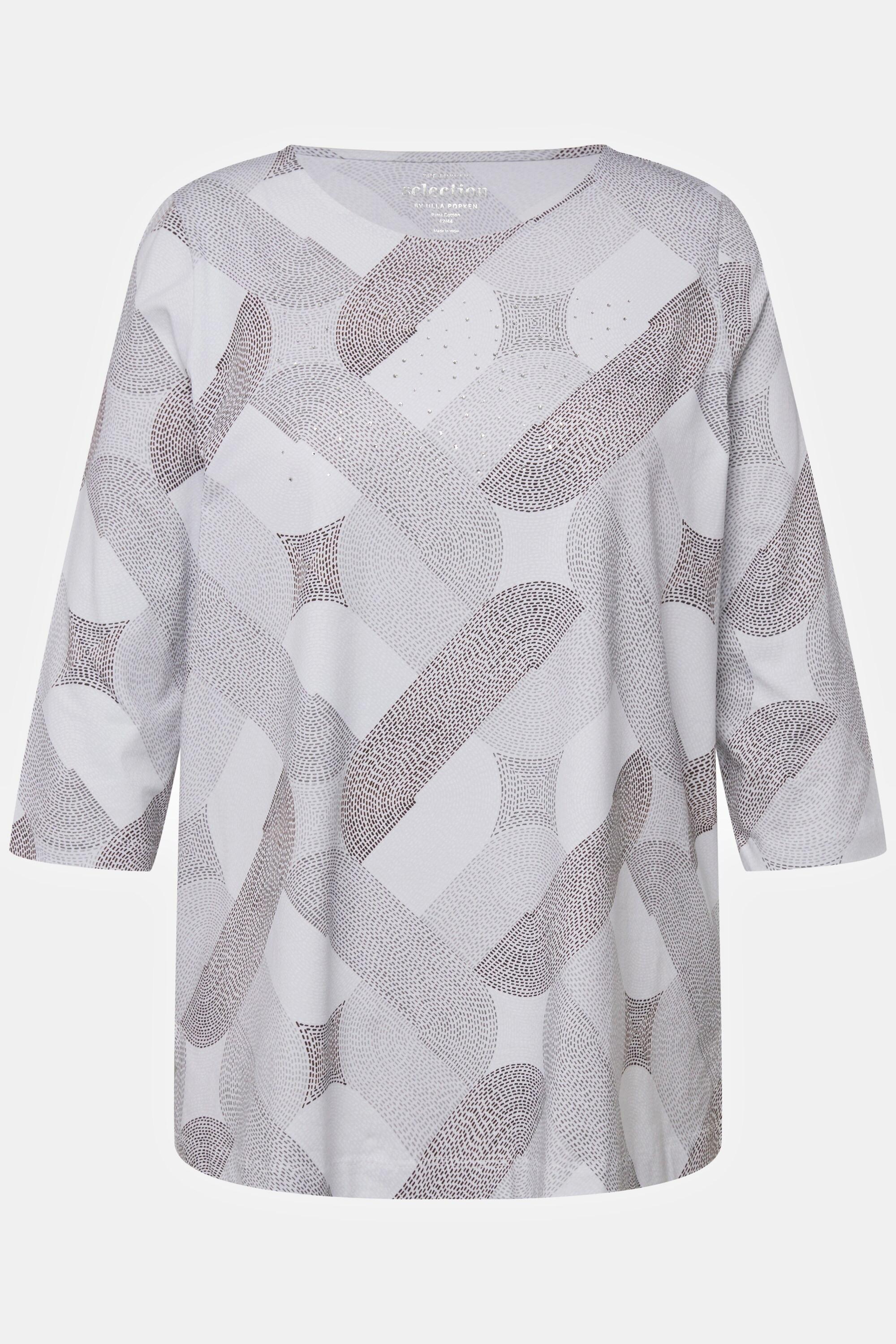 Ulla Popken  Shirt, Ziersteine, Rundhals, 3/4-Arm, Pima Cotton 