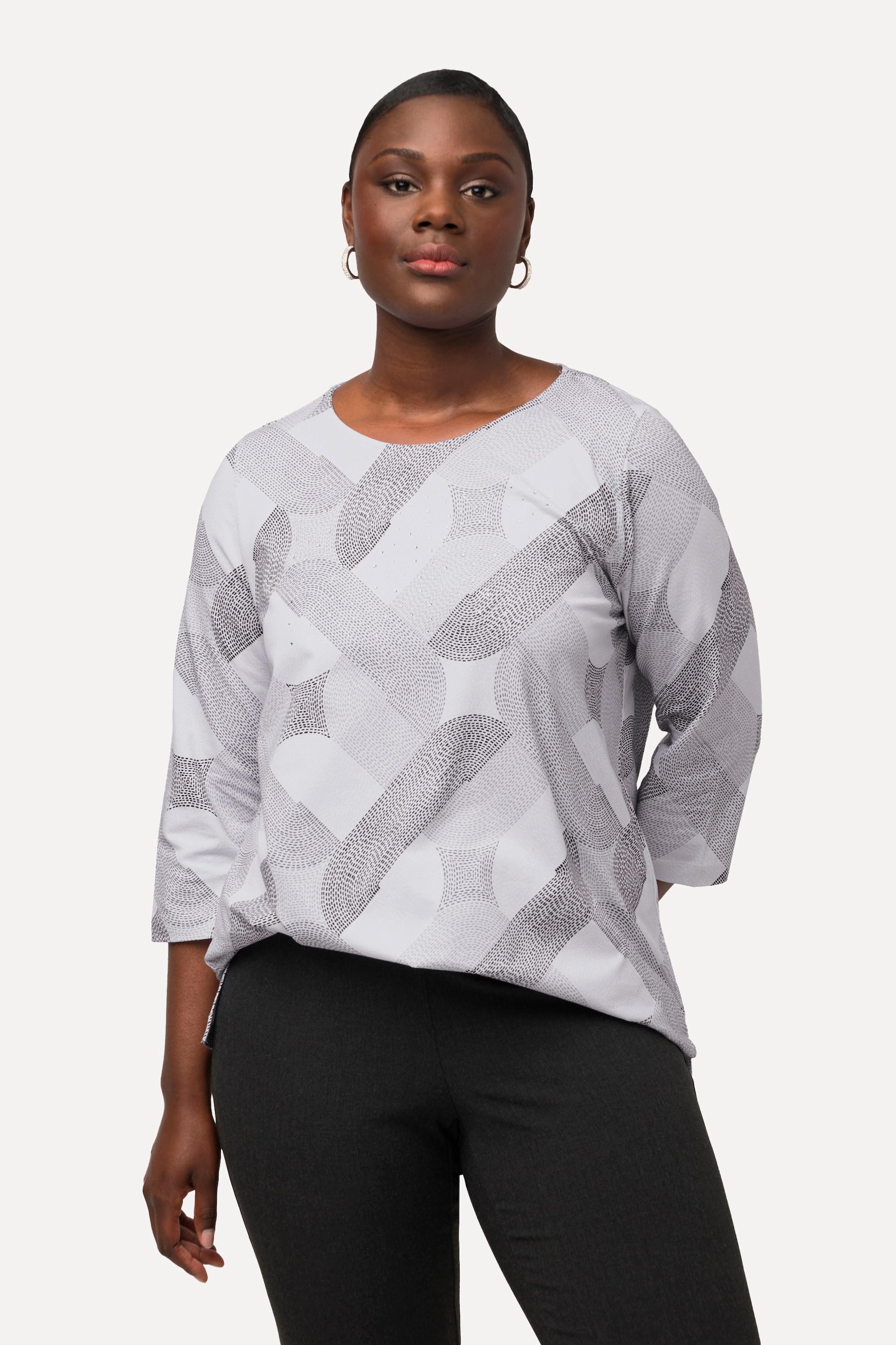 Ulla Popken  Shirt, Ziersteine, Rundhals, 3/4-Arm, Pima Cotton 