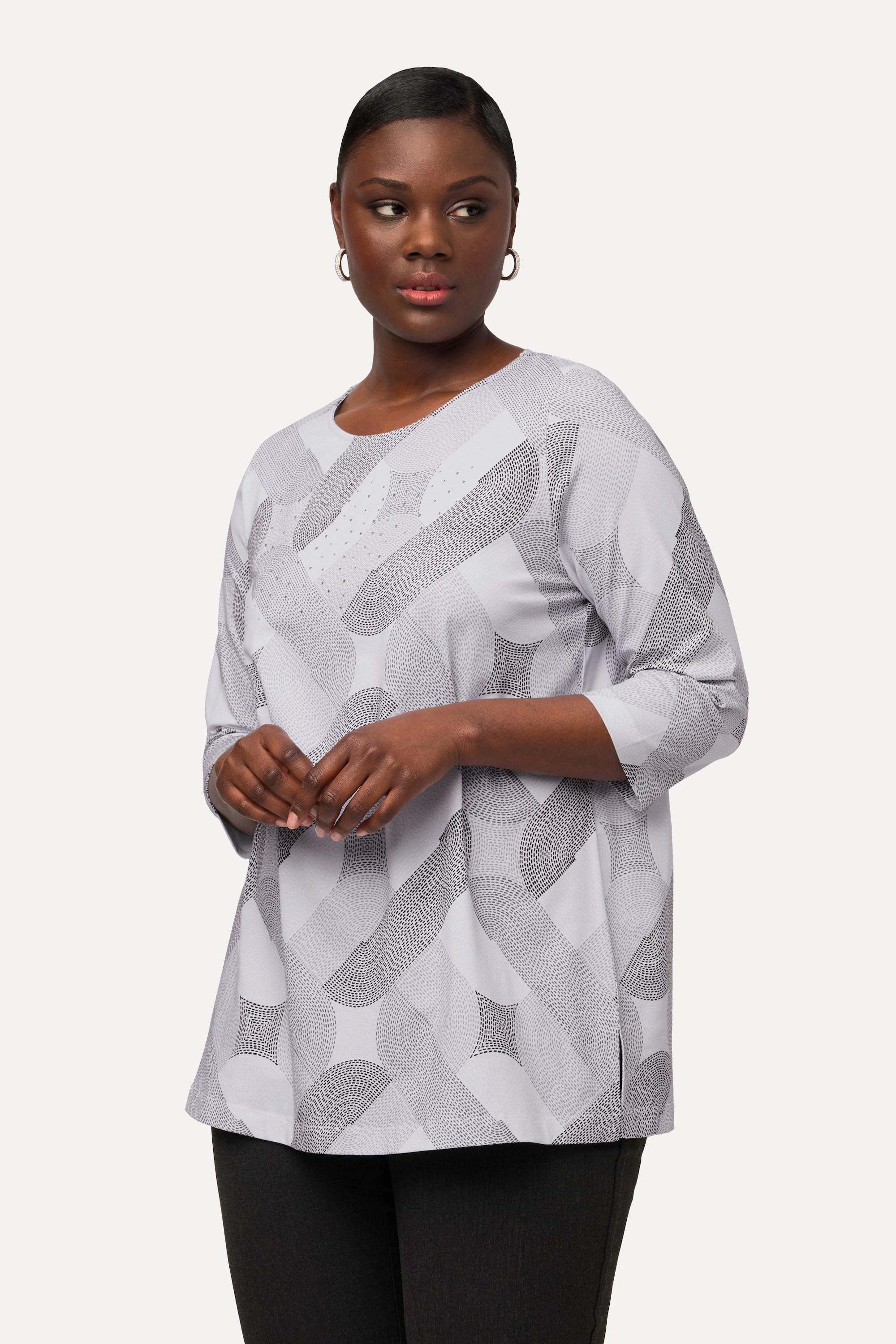 Ulla Popken  Shirt, Ziersteine, Rundhals, 3/4-Arm, Pima Cotton 