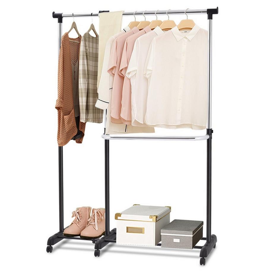 B2X  Portant à vêtements extensible, portant à vêtements réglable en hauteur, tringle à vêtements avec 2 étagères, noir 