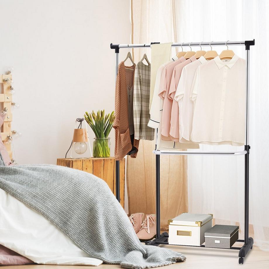 B2X  Portant à vêtements extensible, portant à vêtements réglable en hauteur, tringle à vêtements avec 2 étagères, noir 