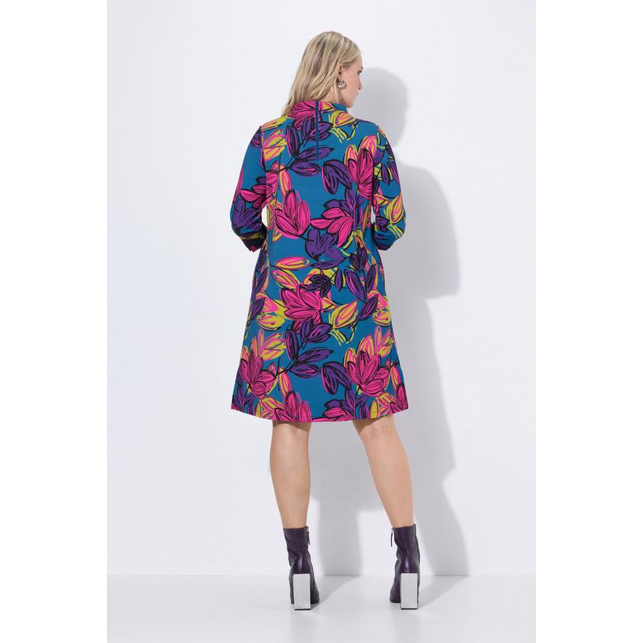 Ulla Popken Abito Punto Floreale Collo Alto Maniche 3/4 Tasche  