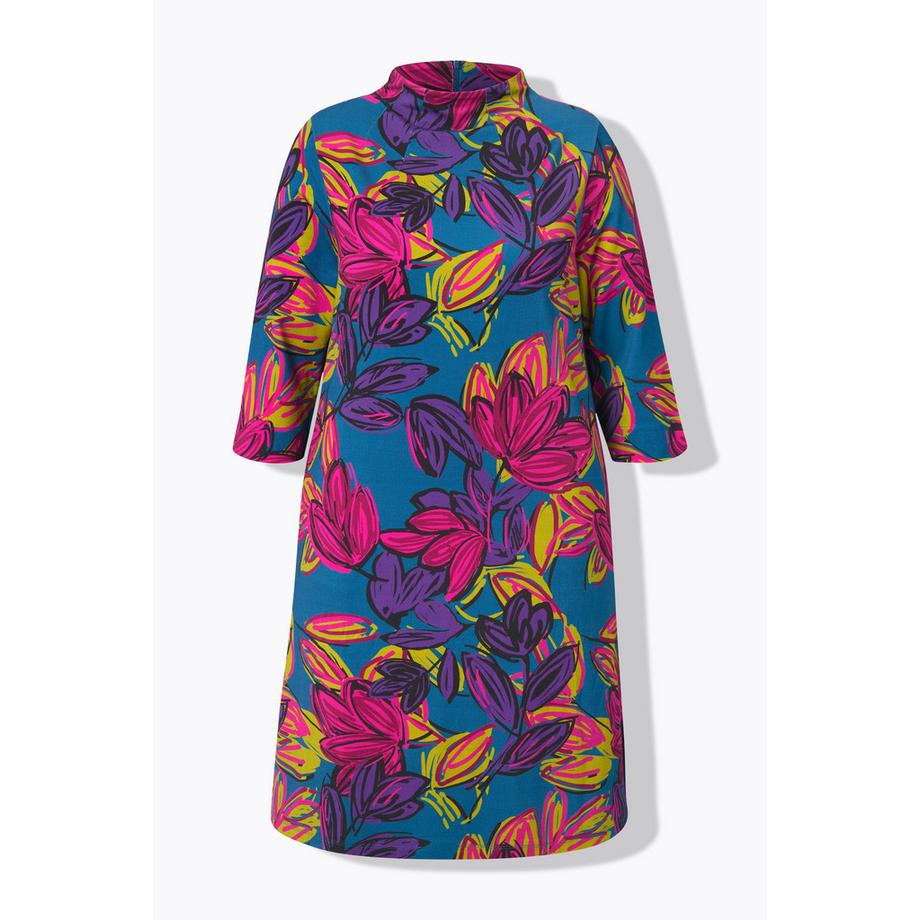 Ulla Popken Abito Punto Floreale Collo Alto Maniche 3/4 Tasche  