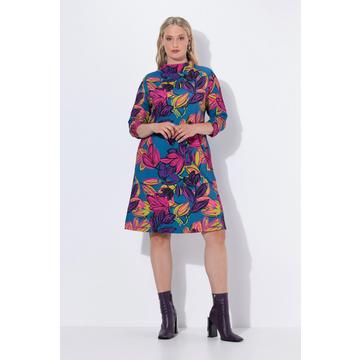 Abito in jersey punto Roma con fiori, collo alto, maniche a 3/4 e tasche