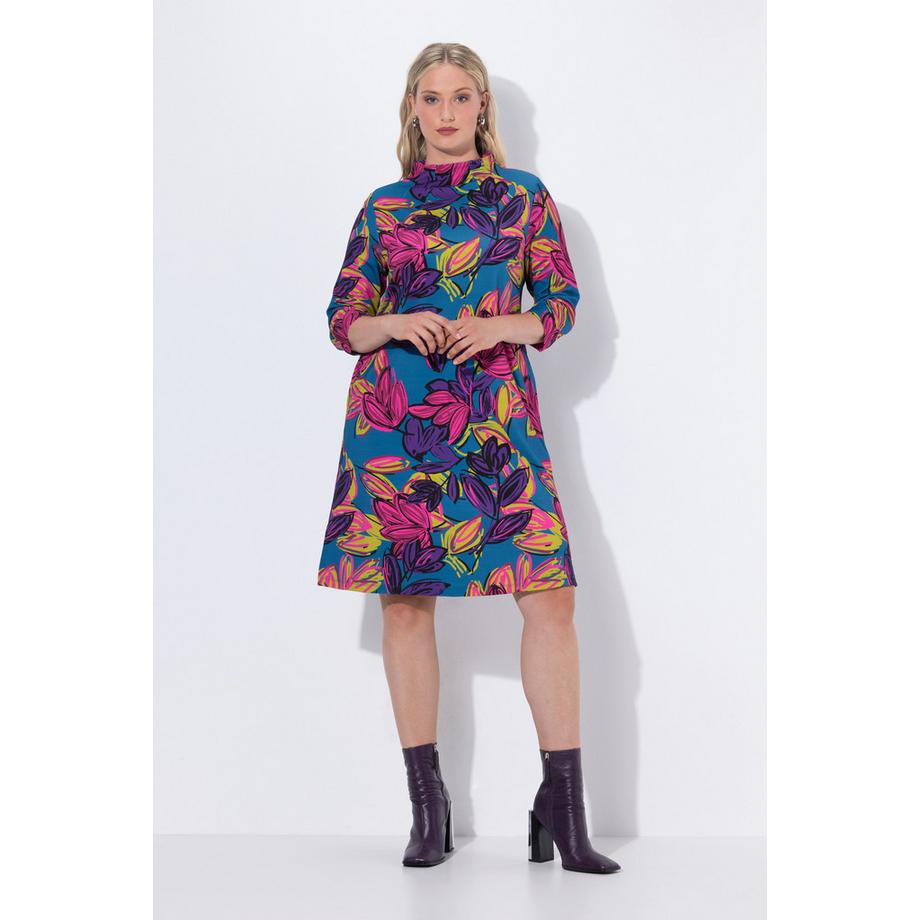 Ulla Popken Abito Punto Floreale Collo Alto Maniche 3/4 Tasche  