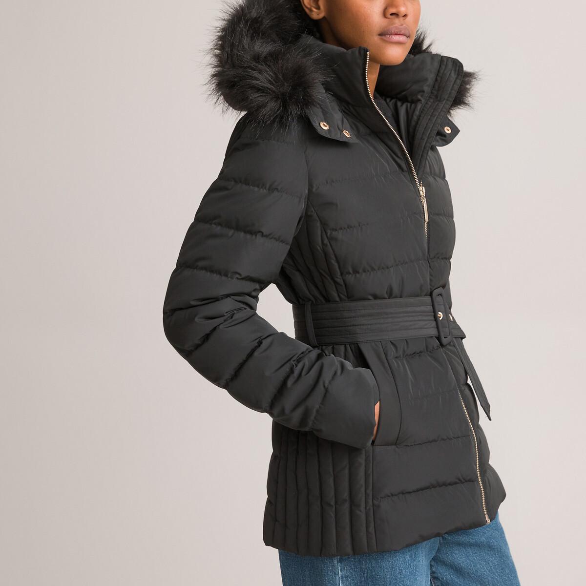 Image of Gesteppte Daunenjacke Mit Kapuze Und Gürtel Damen Schwarz 42