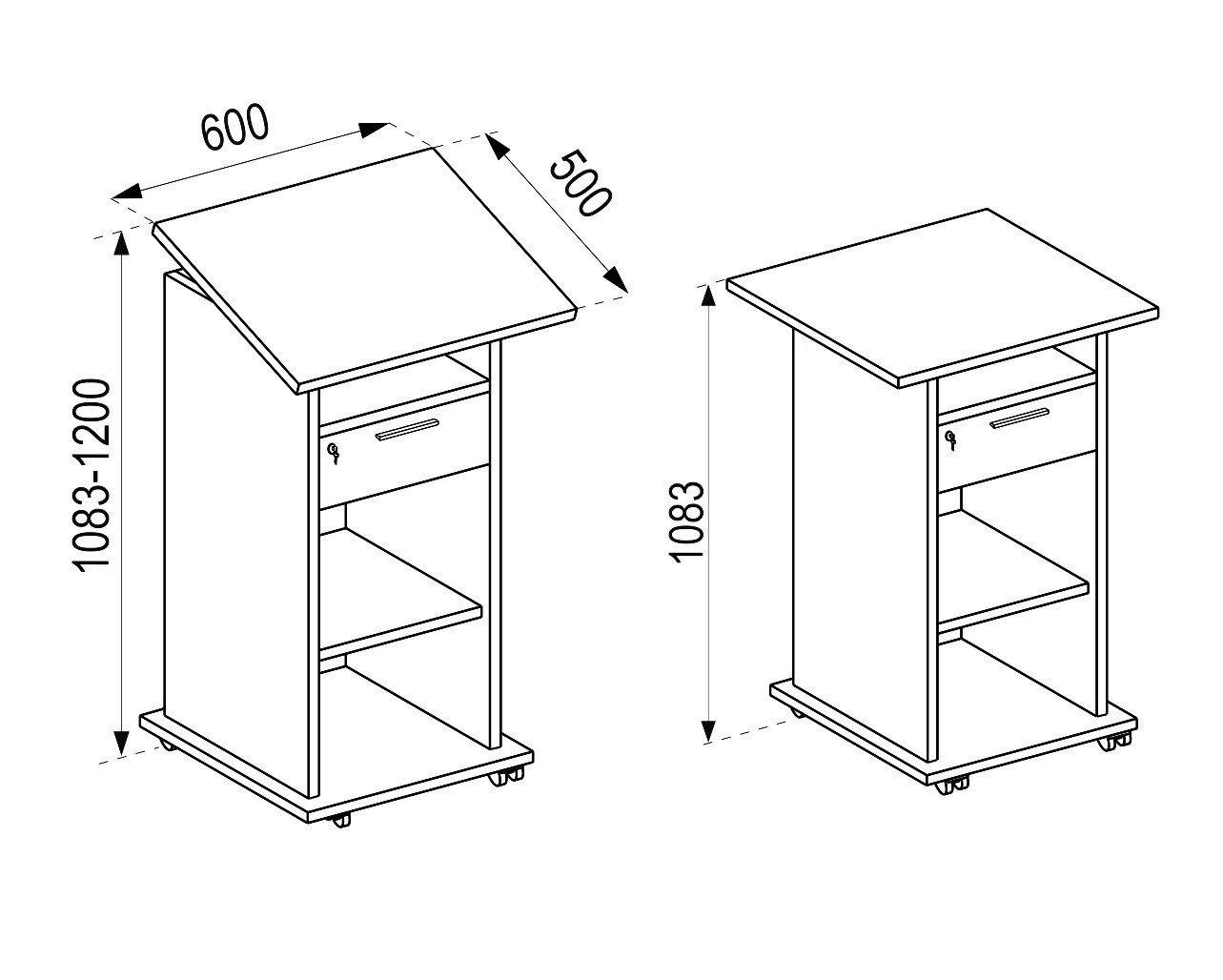 VCM  Holz Standschreibtisch | ideal für Beamer oder Projektor mit Rollen | Maße: H. 108 x B. 60 x T. 50 cm | Pultfläche neigbar | Schublade abschließbar - 