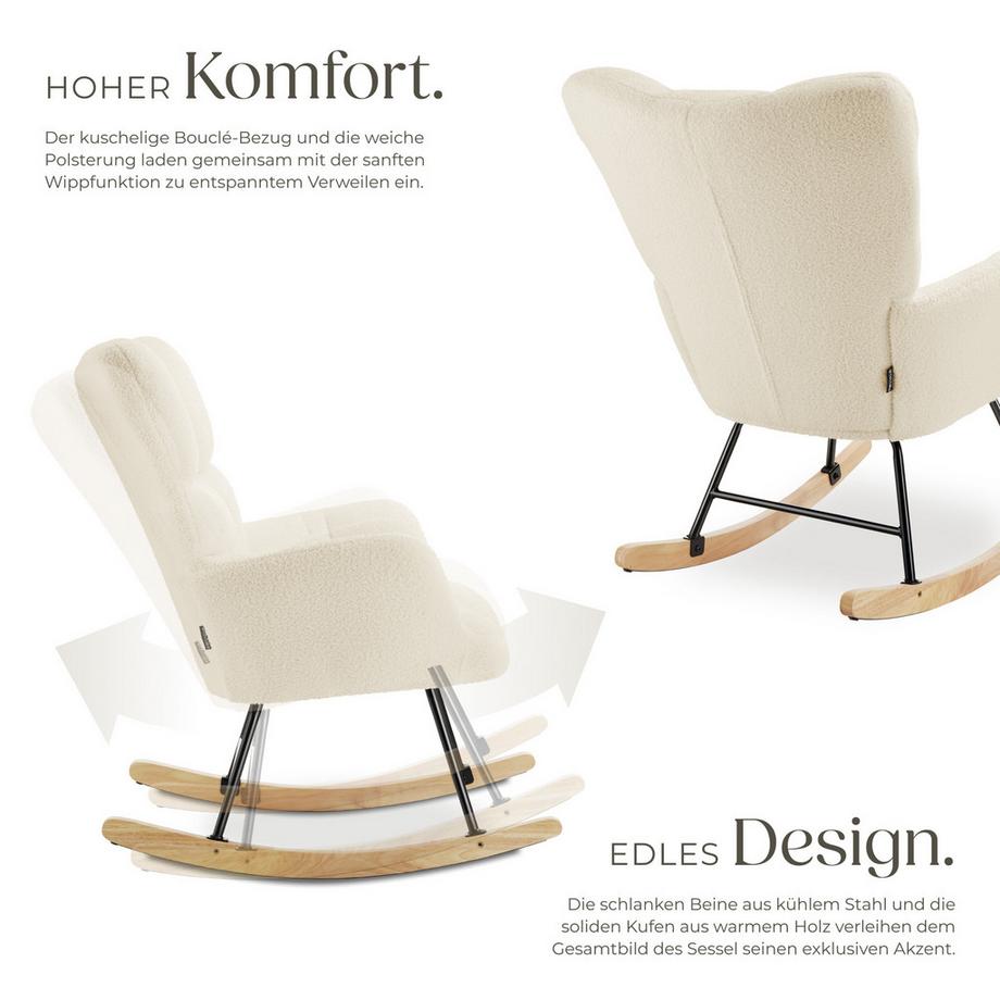 Tectake Schaukelstuhl Torve gepolstert mit Bouclé-Bezug, gesteppt große Rückenlehne  