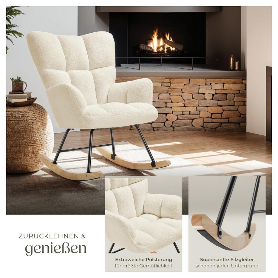 Tectake Schaukelstuhl Torve gepolstert mit Bouclé-Bezug, gesteppt große Rückenlehne  