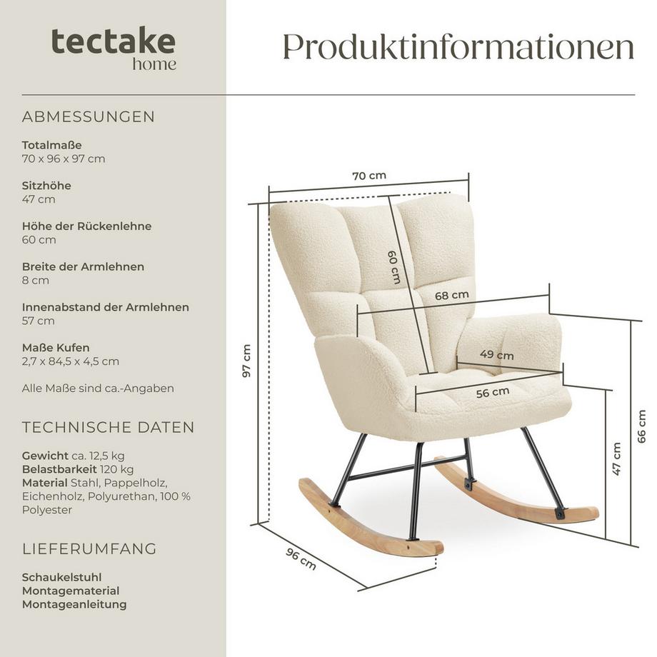 Tectake Schaukelstuhl Torve gepolstert mit Bouclé-Bezug, gesteppt große Rückenlehne  