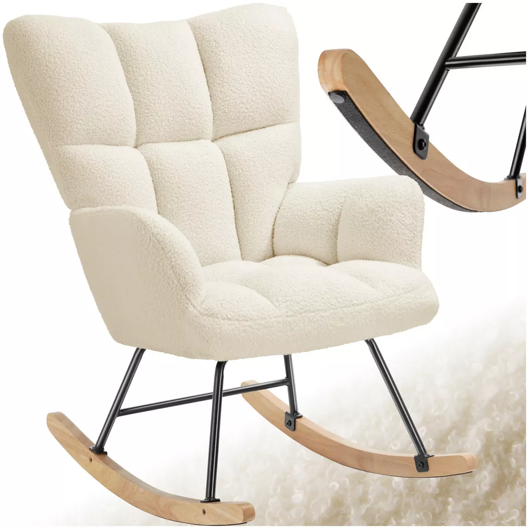 tectake® Schaukelstuhl, gepolstert mit Bouclé-Bezug, gesteppt, stabiles Stahlgestell, 68 x 96 x 97 cm, Belastbarkeit 120 kg