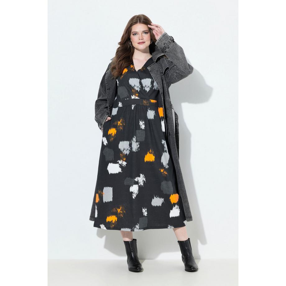 Ulla Popken Maxikleid Grafischer Druck V-Ausschnitt 3/4-Arm  