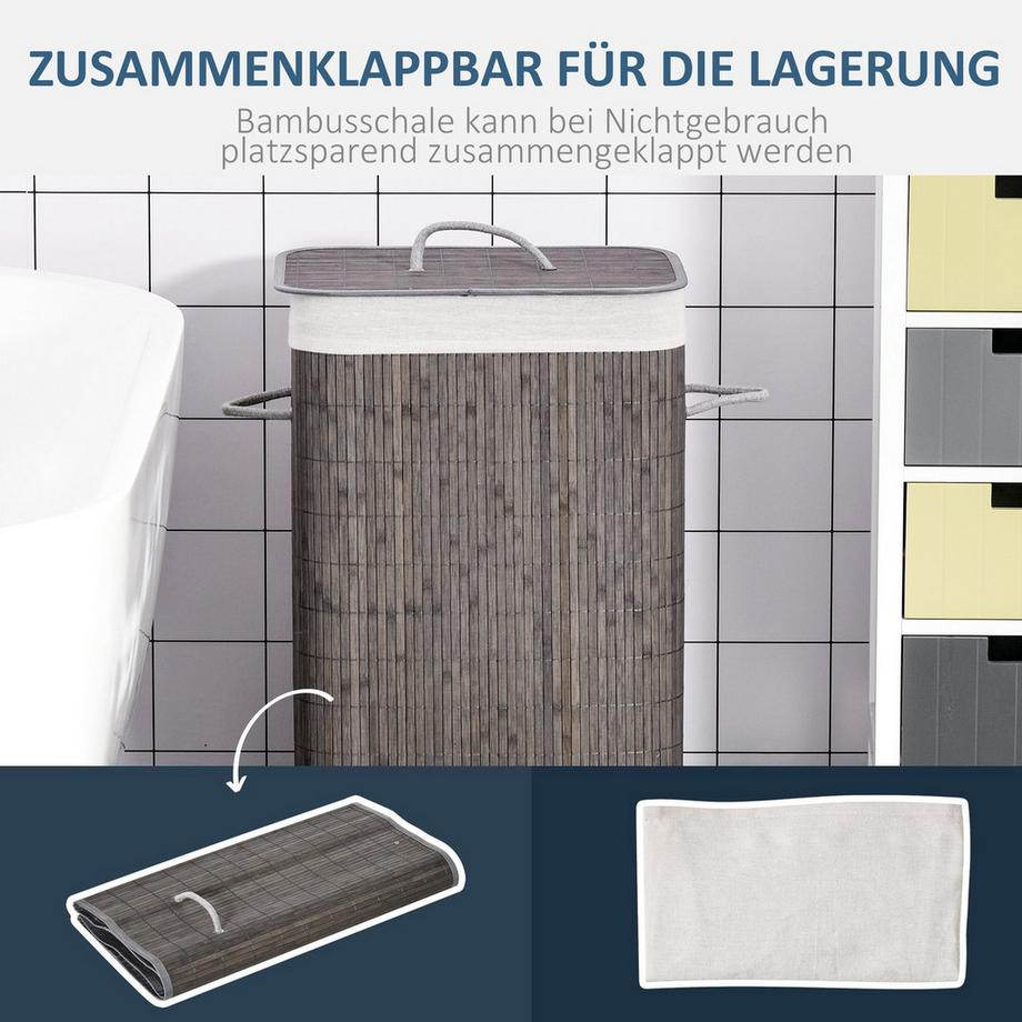 Northio Cesto per biancheria in bambù sottile con coperchio Cesto per biancheria da 83 litri con manici, borsa per biancheria rimovibile, cesti per biancheria per lavanderia, bagno, camera da letto Grigio  