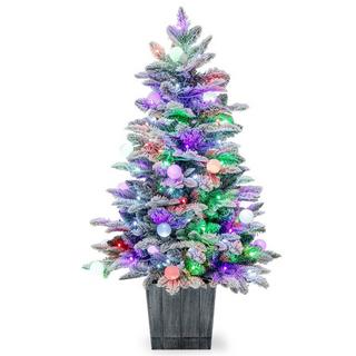 Northix 100cm Künstlicher Weihnachtsbaum beflockter Tannenbaum mit 80 mehrfarbigen LED-Lichtern  