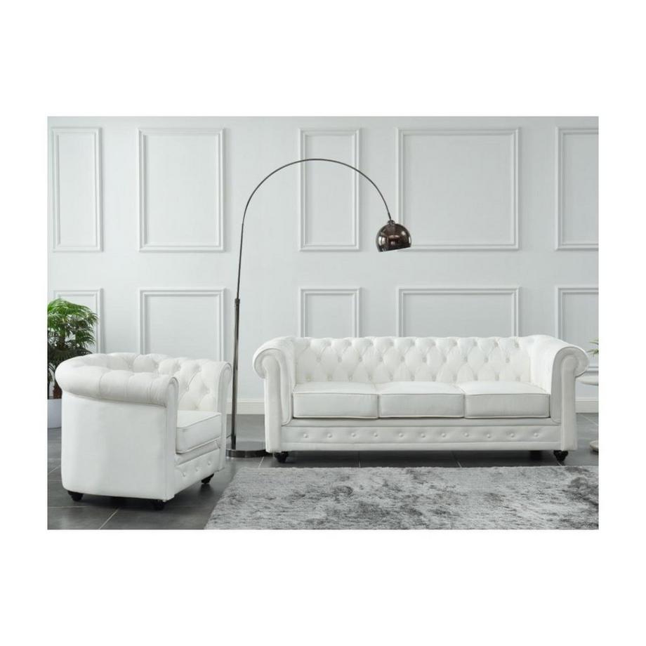 Vente-unique Canapé 3 places et fauteuil en cuir de buffle CHESTERFIELD - Blanc  