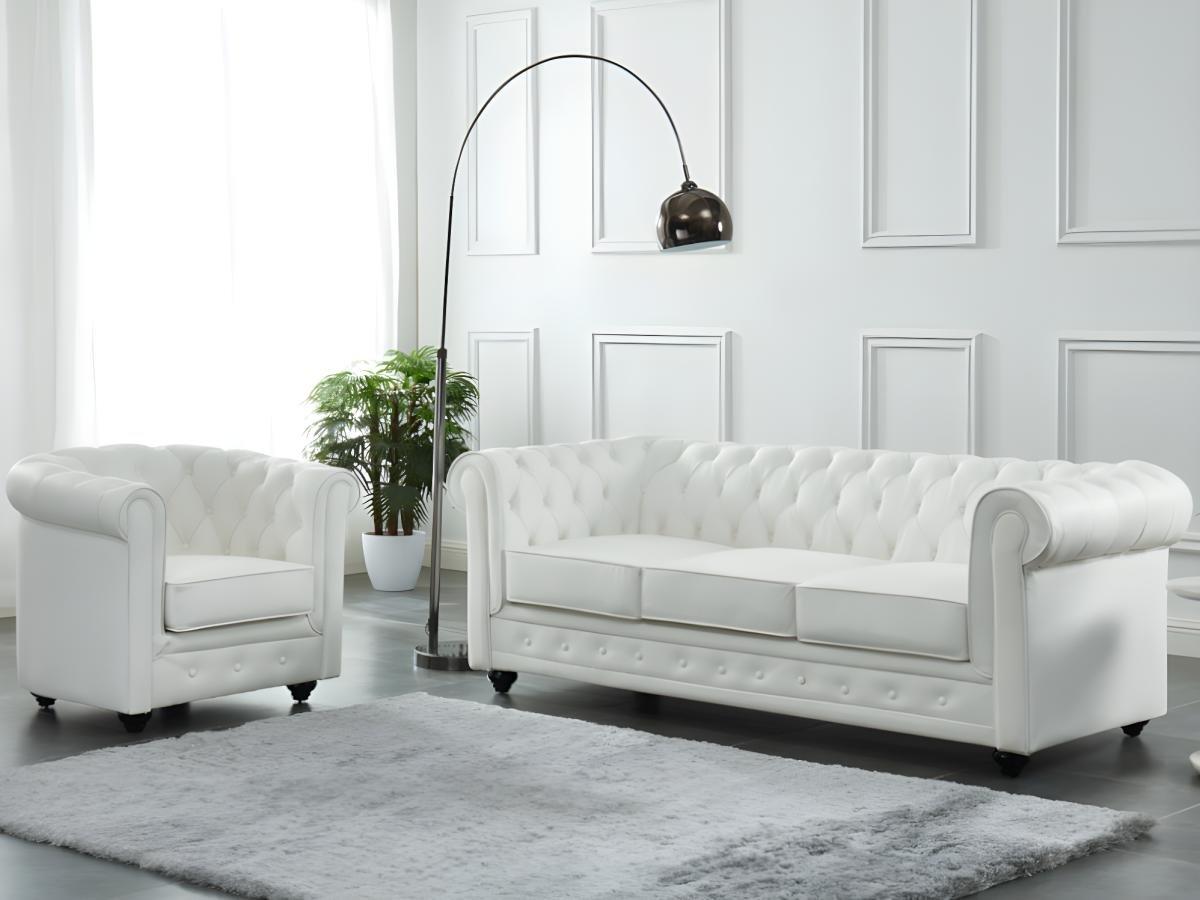 Vente-unique Ledersofa 3-Sitzer + Ledersessel - Büffelleder - Weiß - CHESTERFIELD  