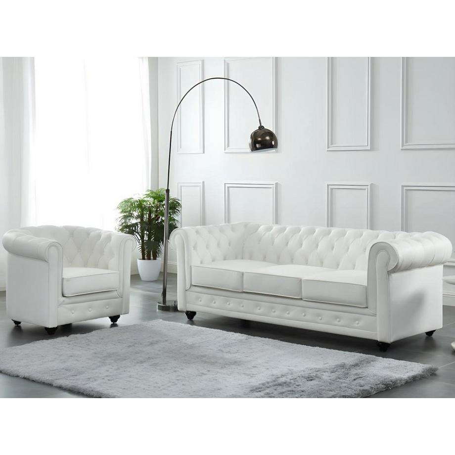 Vente-unique Canapé 3 places et fauteuil en cuir de buffle CHESTERFIELD - Blanc  