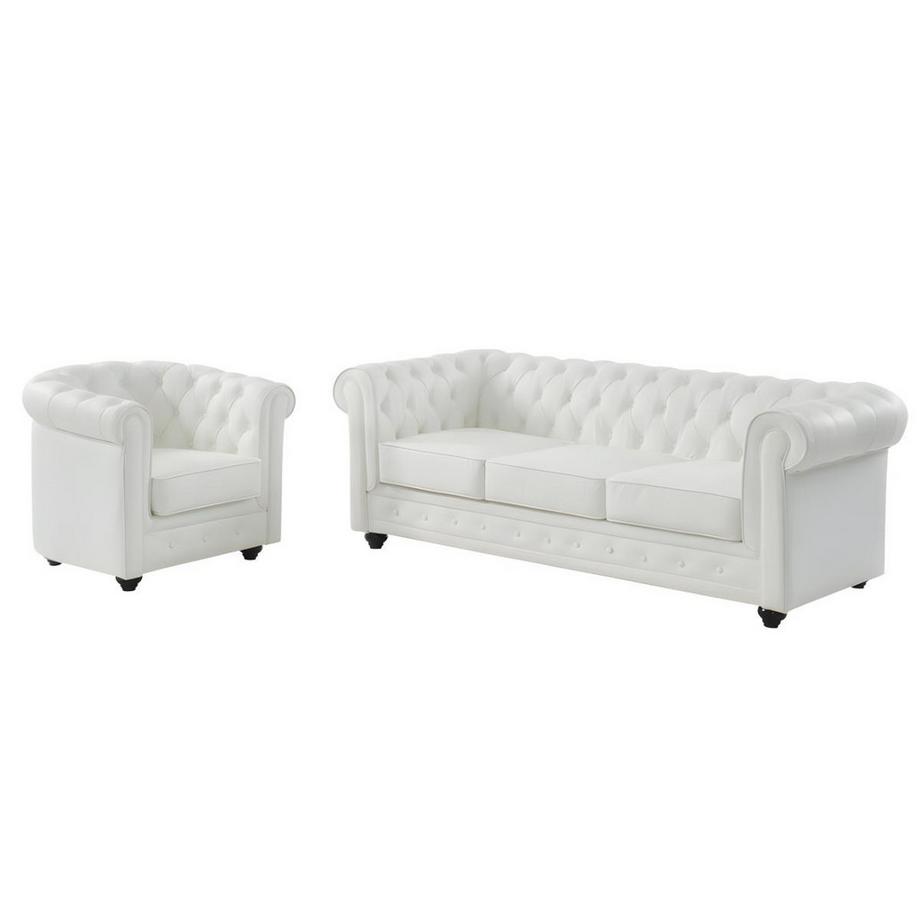 Vente-unique Canapé 3 places et fauteuil en cuir de buffle CHESTERFIELD - Blanc  