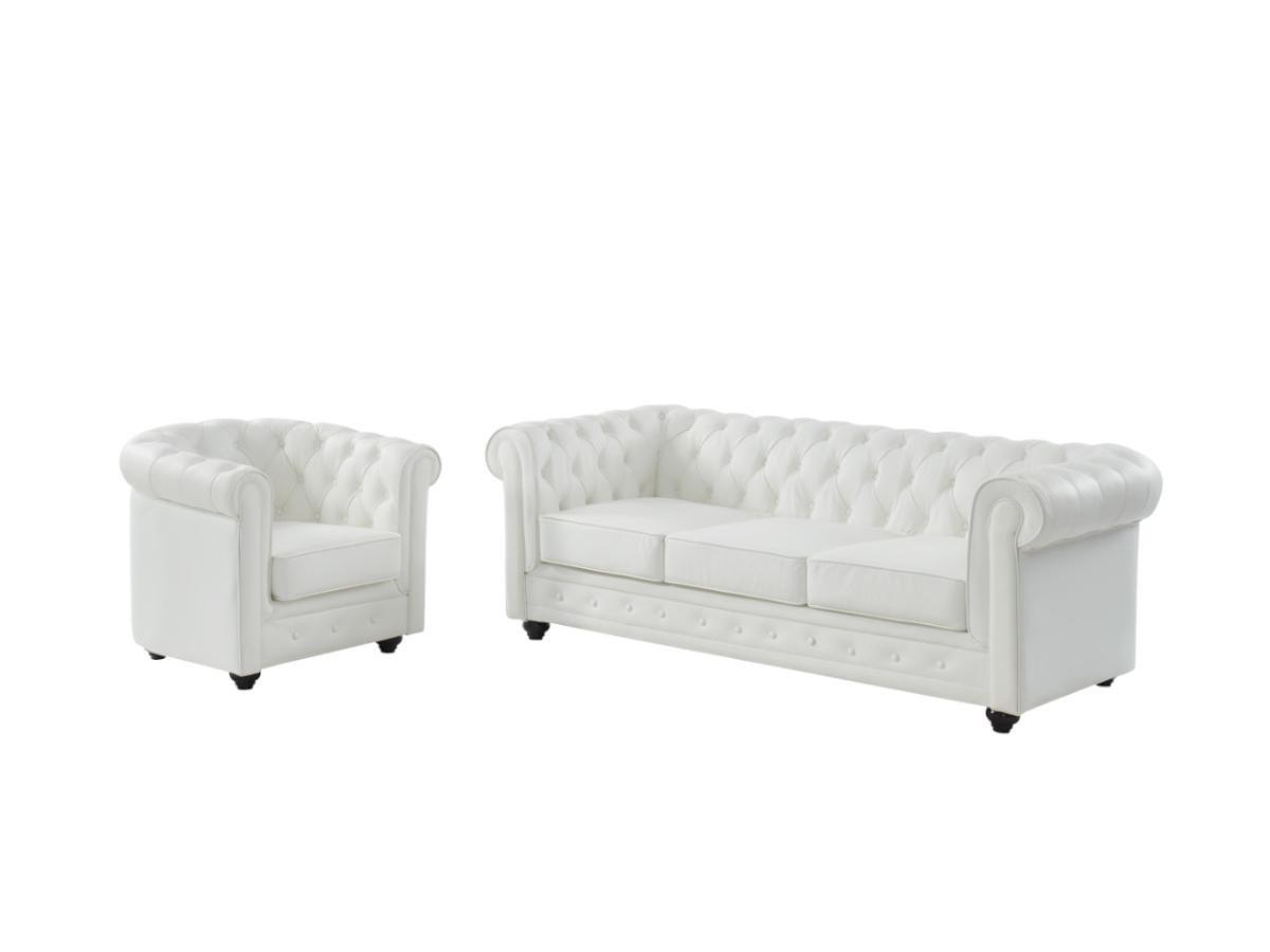 Vente-unique Ledersofa 3-Sitzer + Ledersessel - Büffelleder - Weiß - CHESTERFIELD  