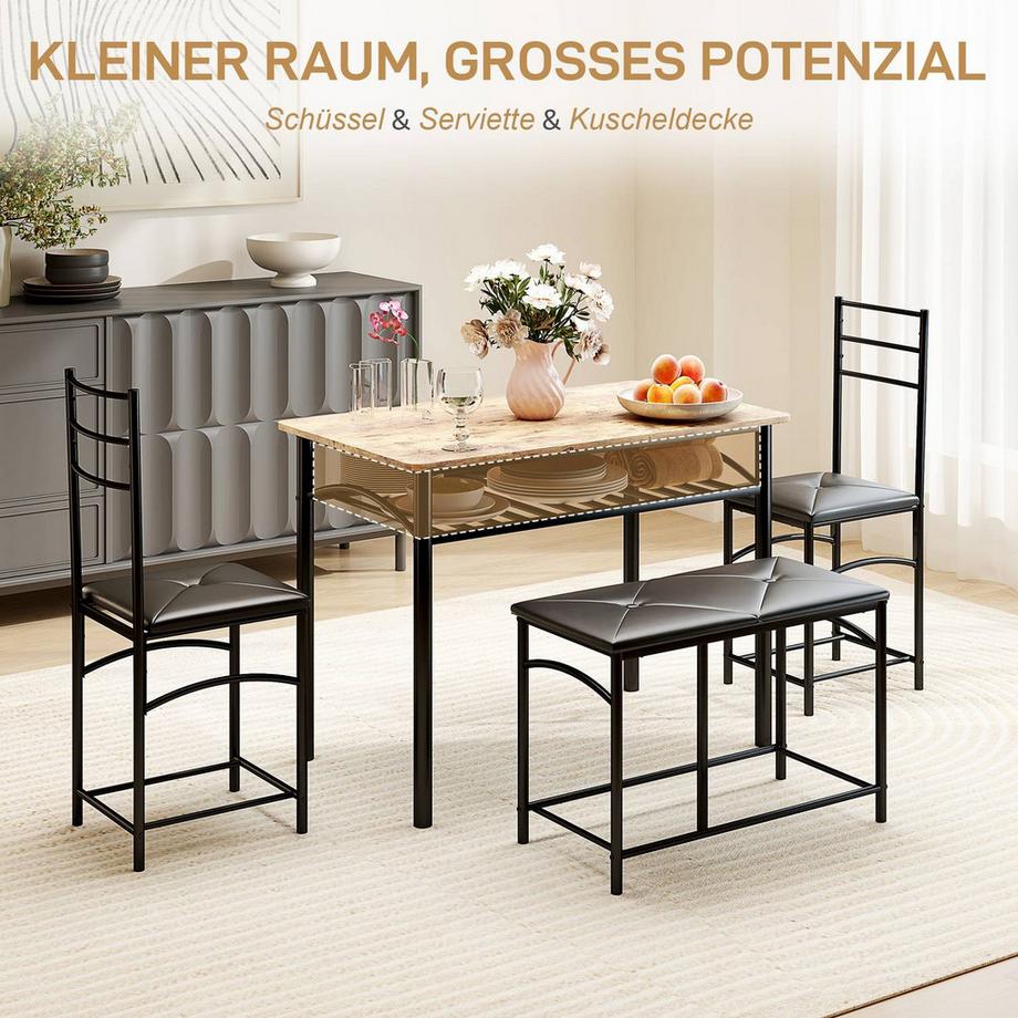 Northio  4-tlg. Essgruppe, Esstisch mit 2 Stühlen, Bank, Platzsparende Esszimmergruppe, Esstisch-Set für kleine Räume, Küche, Esszimmer, Braun Aosom 