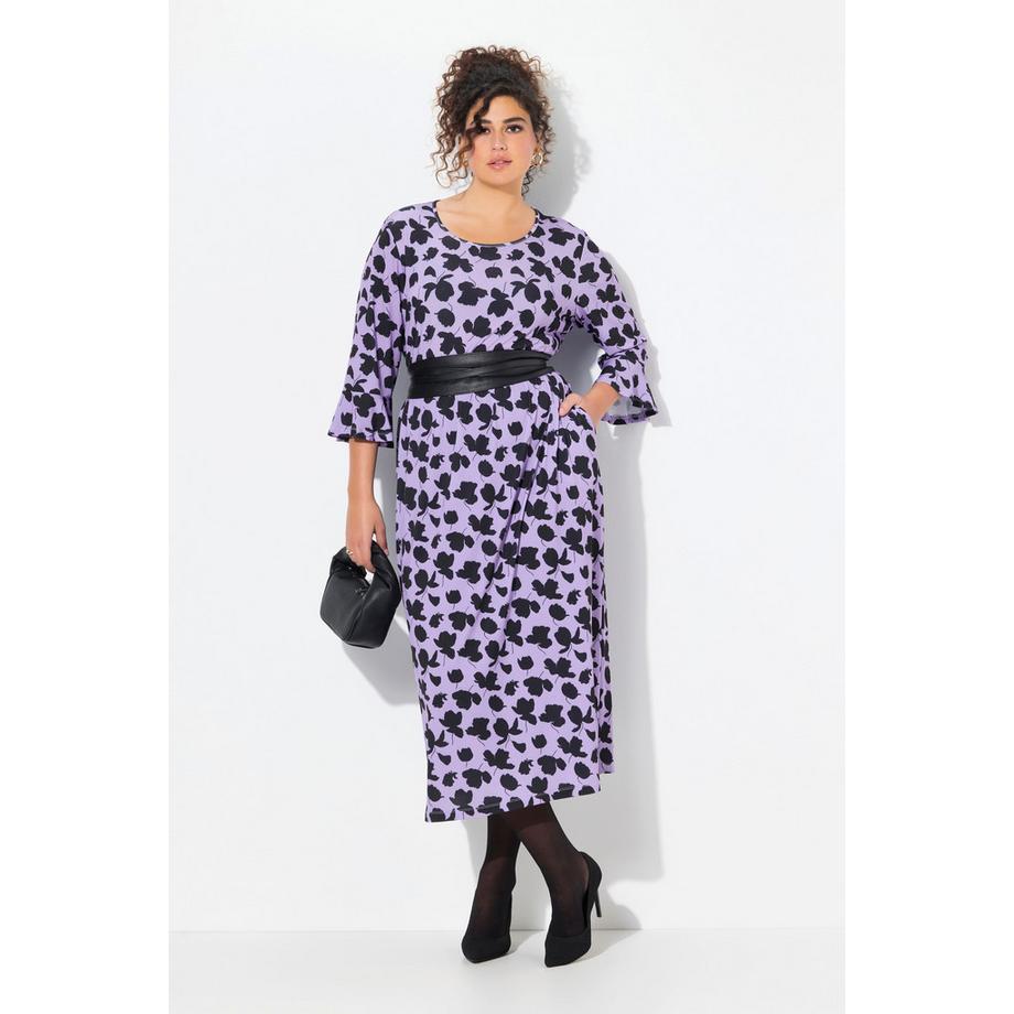 Ulla Popken Abito in jersey linea ad A scollo rotondo maniche 3/4 a volant  