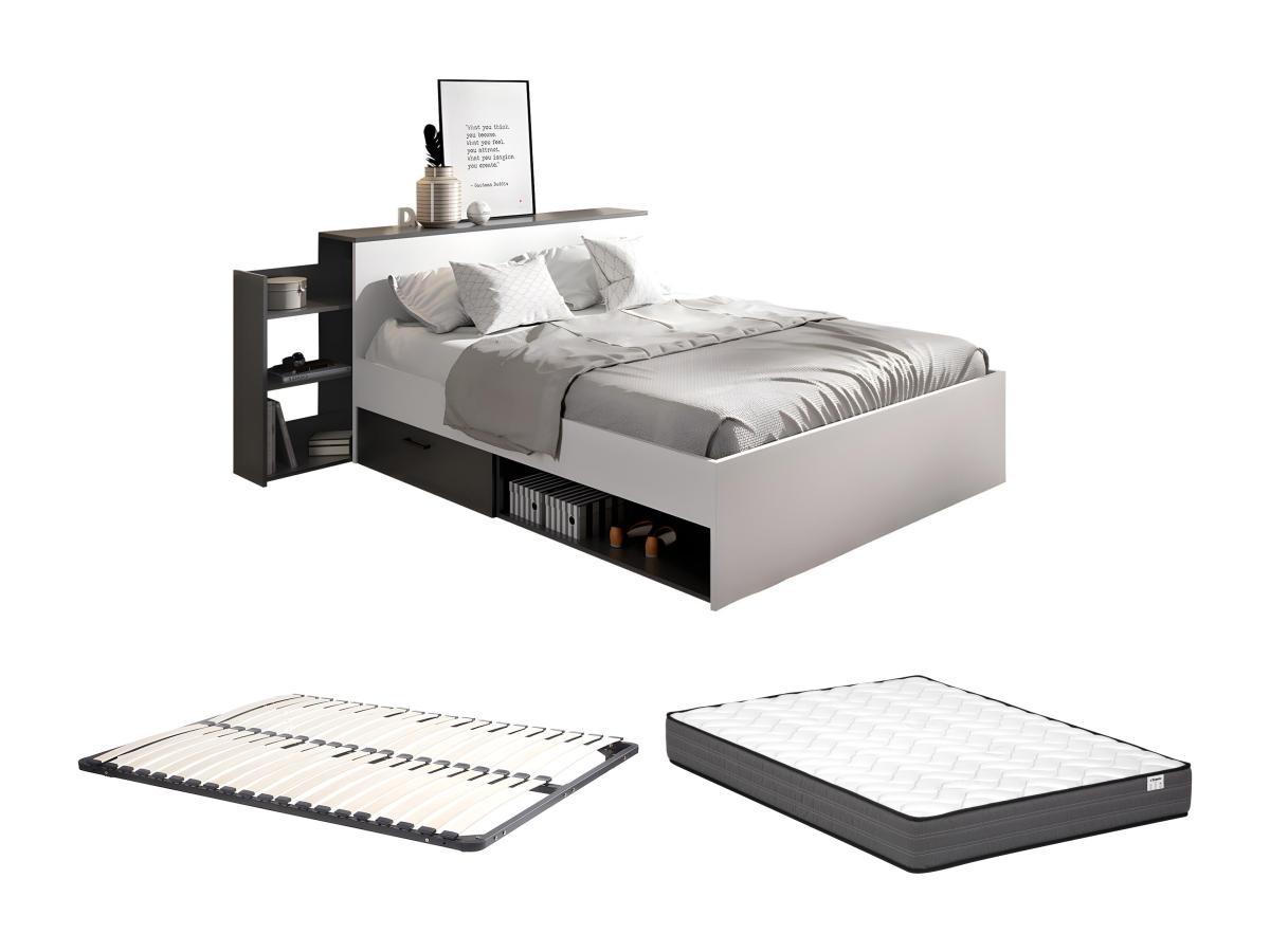 Image of Bett mit Kopfteil, Stauraum & Schubladen + Lattenrost + Matratze - 140 x 190 cm - Weiß & Anthrazit - FLORIAN Bett mit Kopfteil, Stauraum & Schubladen + Lattenrost + Matratze - 140 x 190 cm - Weiß & Anthrazit - FLORIAN