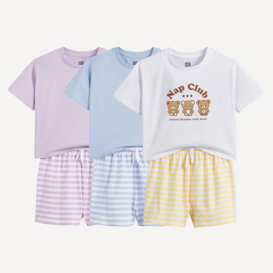 3er-Set Pyjashorts aus Baumwolle mit Teddybär- und Streifenmuster