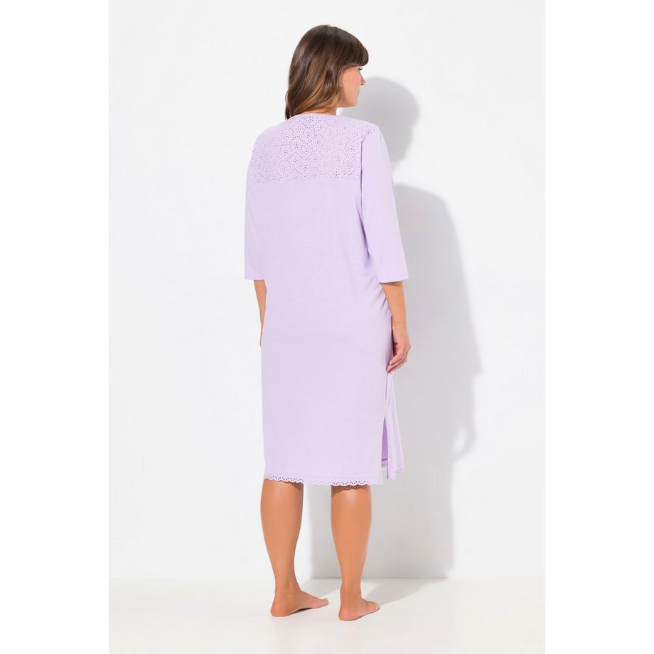 Ulla Popken Chemise de nuit Broderie Anglaise Pli Décoratif Col Rond Manches 3/4  