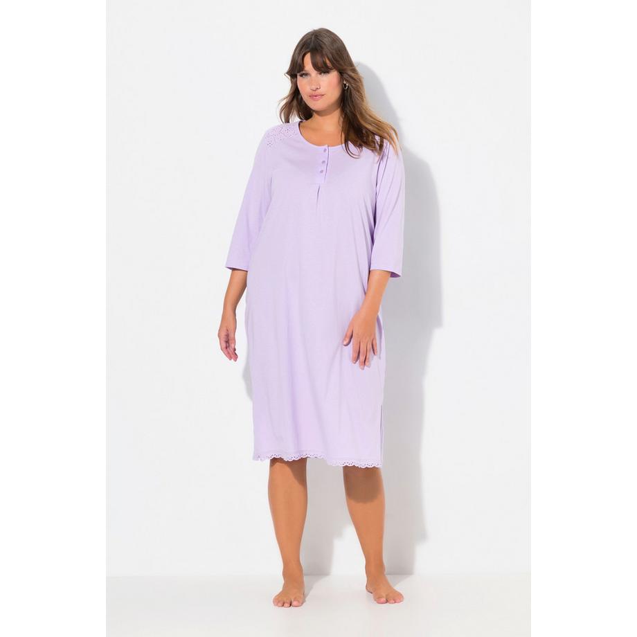 Ulla Popken Chemise de nuit Broderie Anglaise Pli Décoratif Col Rond Manches 3/4  
