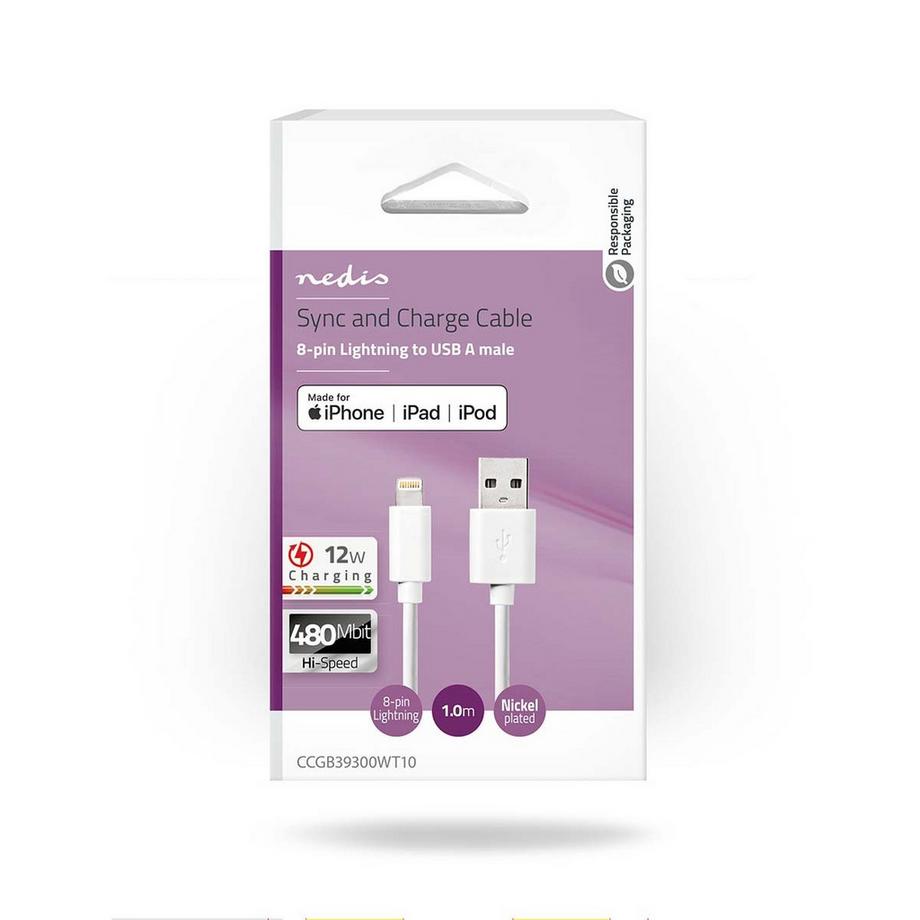 Nedis  Câble Lightning | USB 2.0 | Apple Lightning, 8 broches | USB-A mâle | 480 Mbps | Nickelé | 1.00 m | Rond | PVC | Blanc | Boîte 