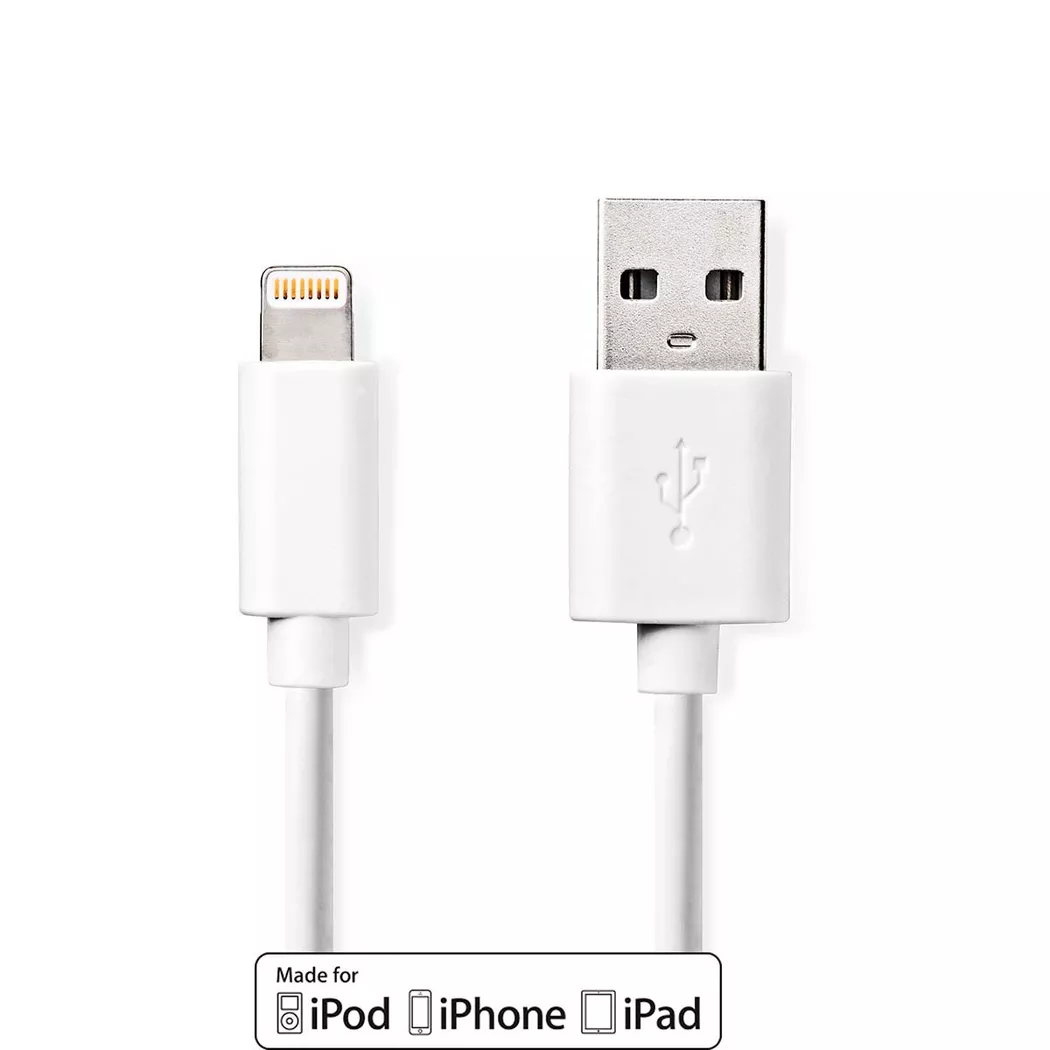 Nedis - Lightning Kabel | USB 2.0 | Apple Lightning, 8-polig | USB-A Stecker | 480 Mbps | Vernickelt | 1,00 m | Rund | PVC | Weiß | Box, One Size