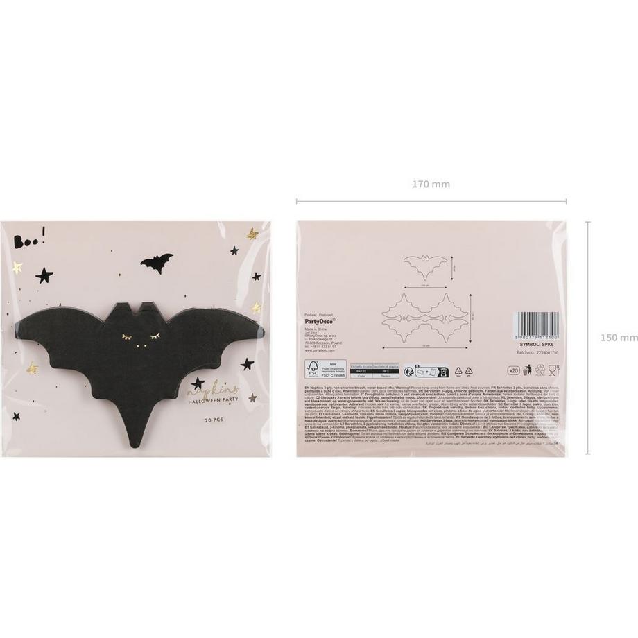 PartyDeco Serviettes  Chauve-souris, 20 pièces  