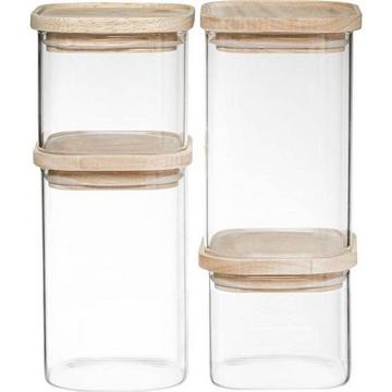 4 vasetti impilabili in vetro con coperchi in legno