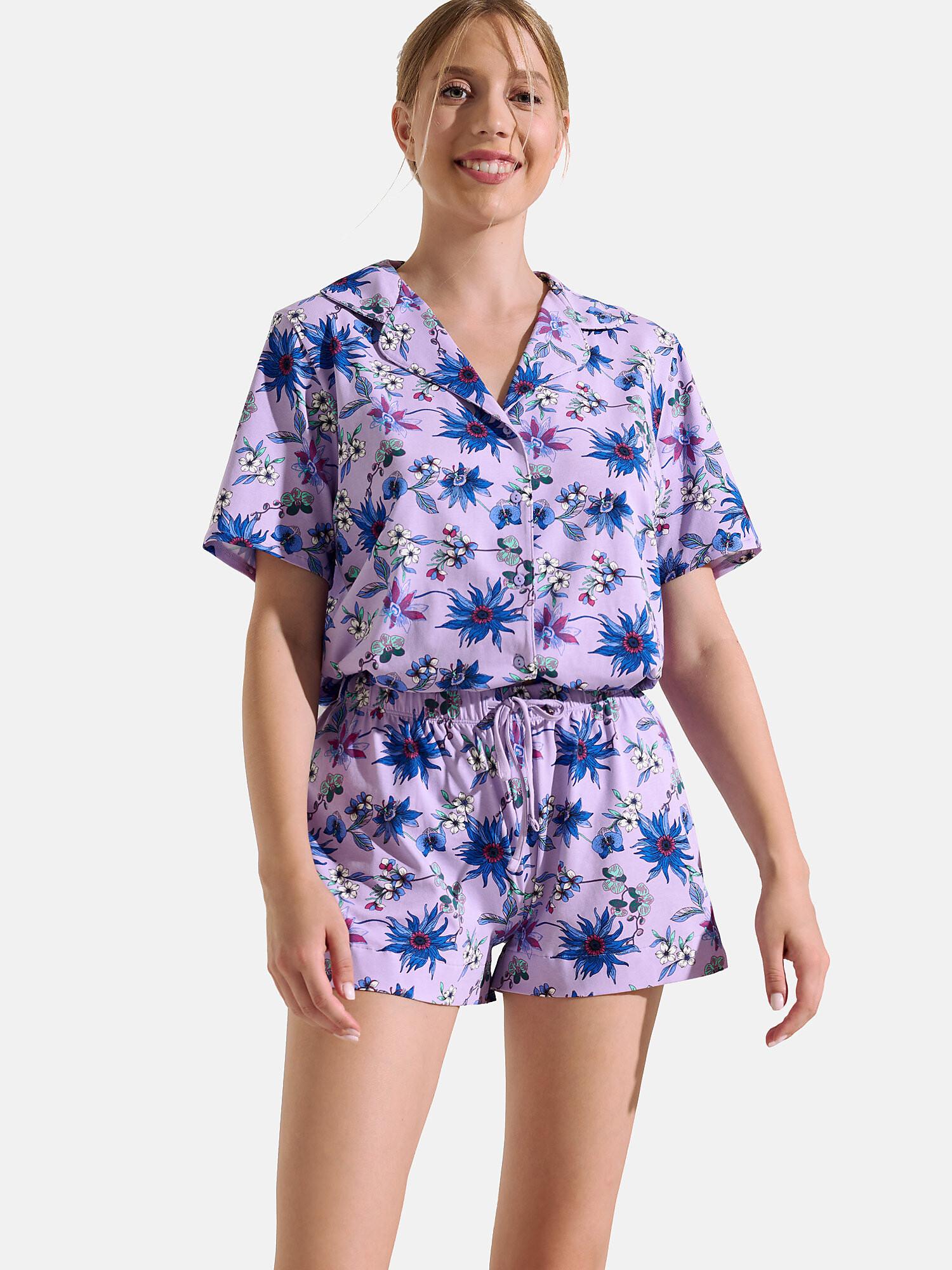 Image of Pyjama Shorts Hemd Kurzarm Flowers Unisex Violett Bedruckt S