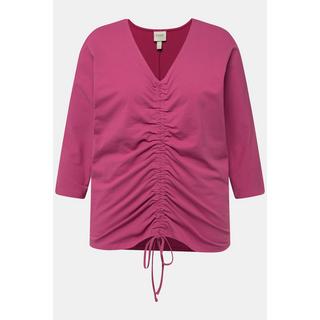 Ulla Popken  T-shirt con arricciatura, scollo a V, maniche a 3/4 e cotone biologico 